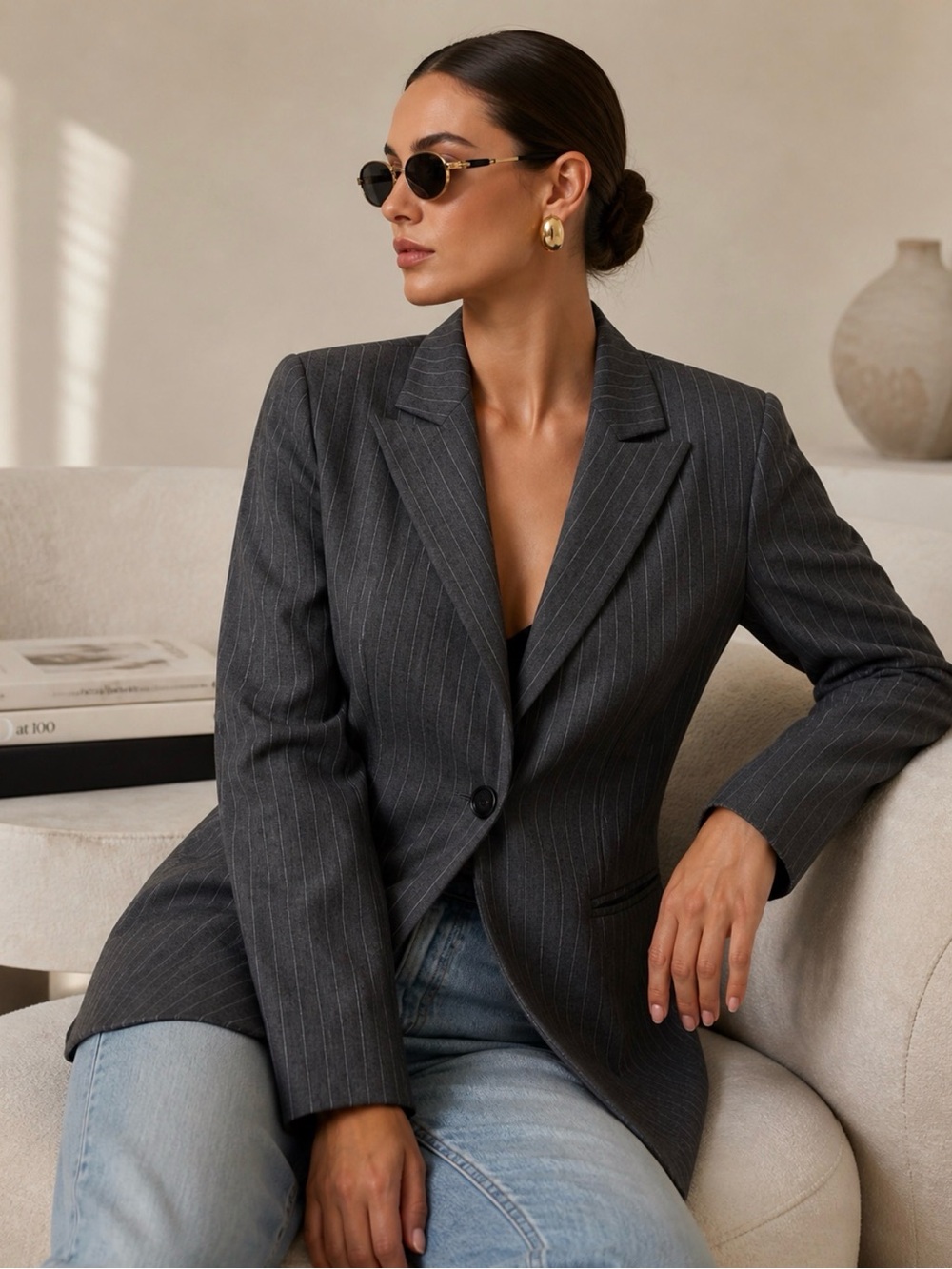 Vintage wool Charcoal Pinstripe Women's Blazer